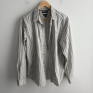 Banana Republic Shirt Mens Large Camden Fit Custom 078 Wash Gray Navy Stripe